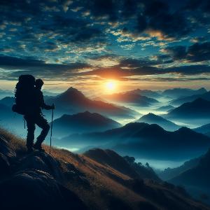 backpacker hiking up a mountain at sunset-7